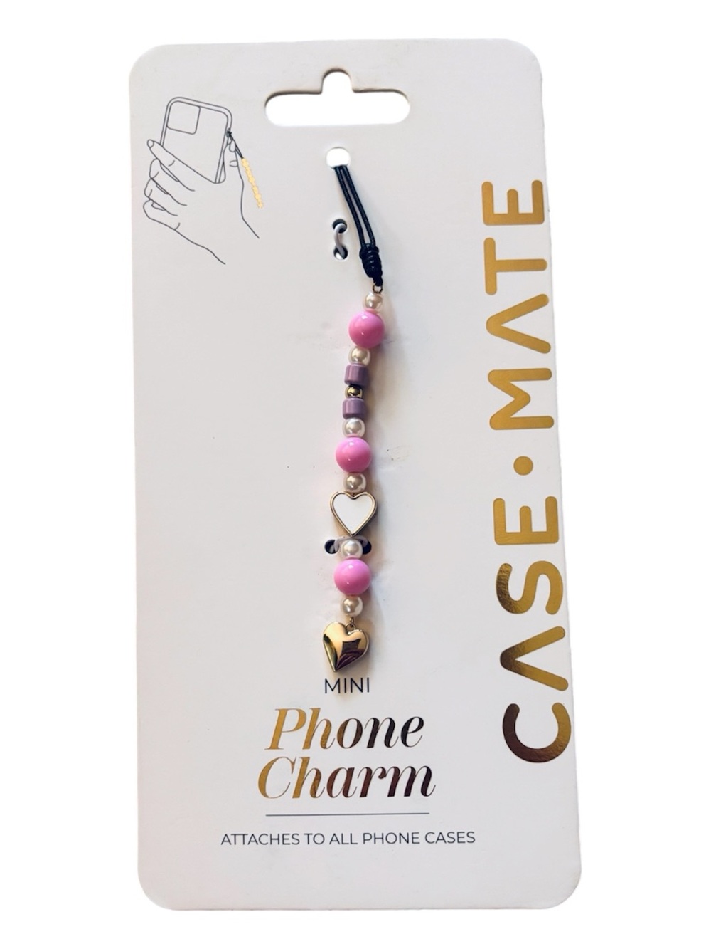 case-mate Pink Beaded Phone Charm with Gold Heart Accents